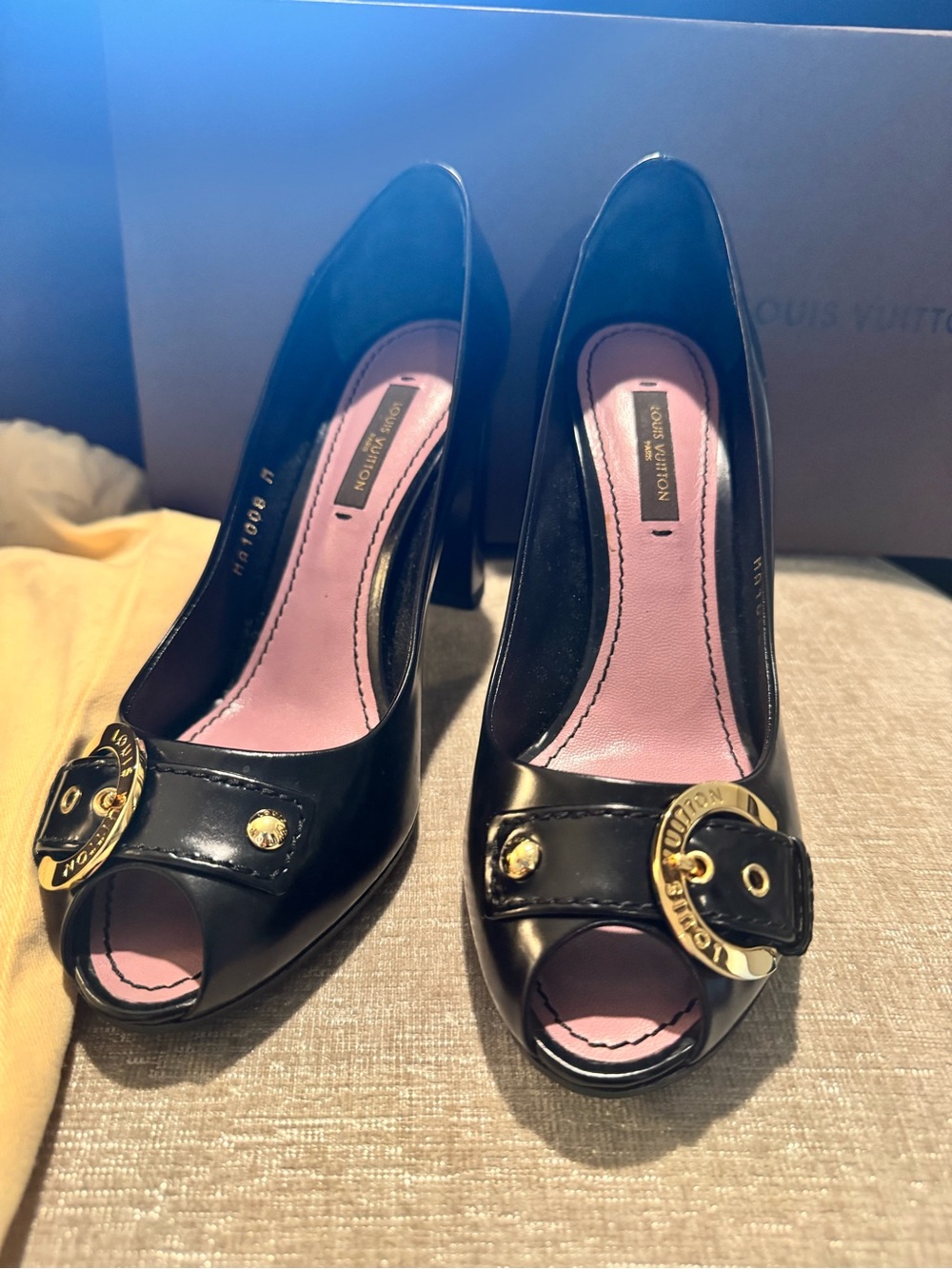 Louis Vuitton Black Patent Peep-Toe Heels with Gold Buckle